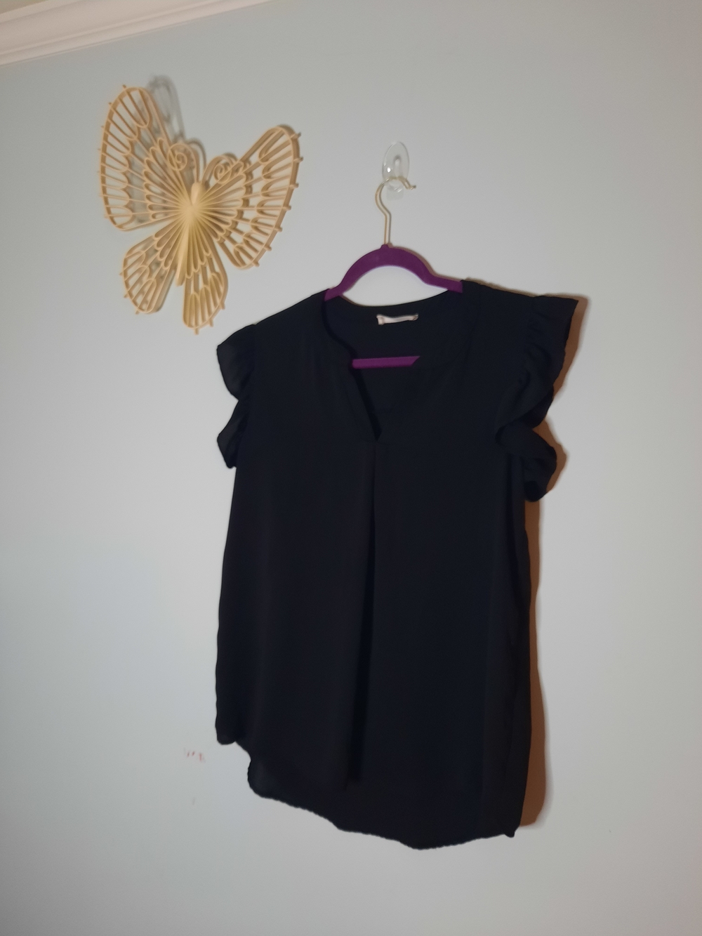 Zenana Black Flutter Ruffle Sleeve Split V-Neck Blouse Top Medium